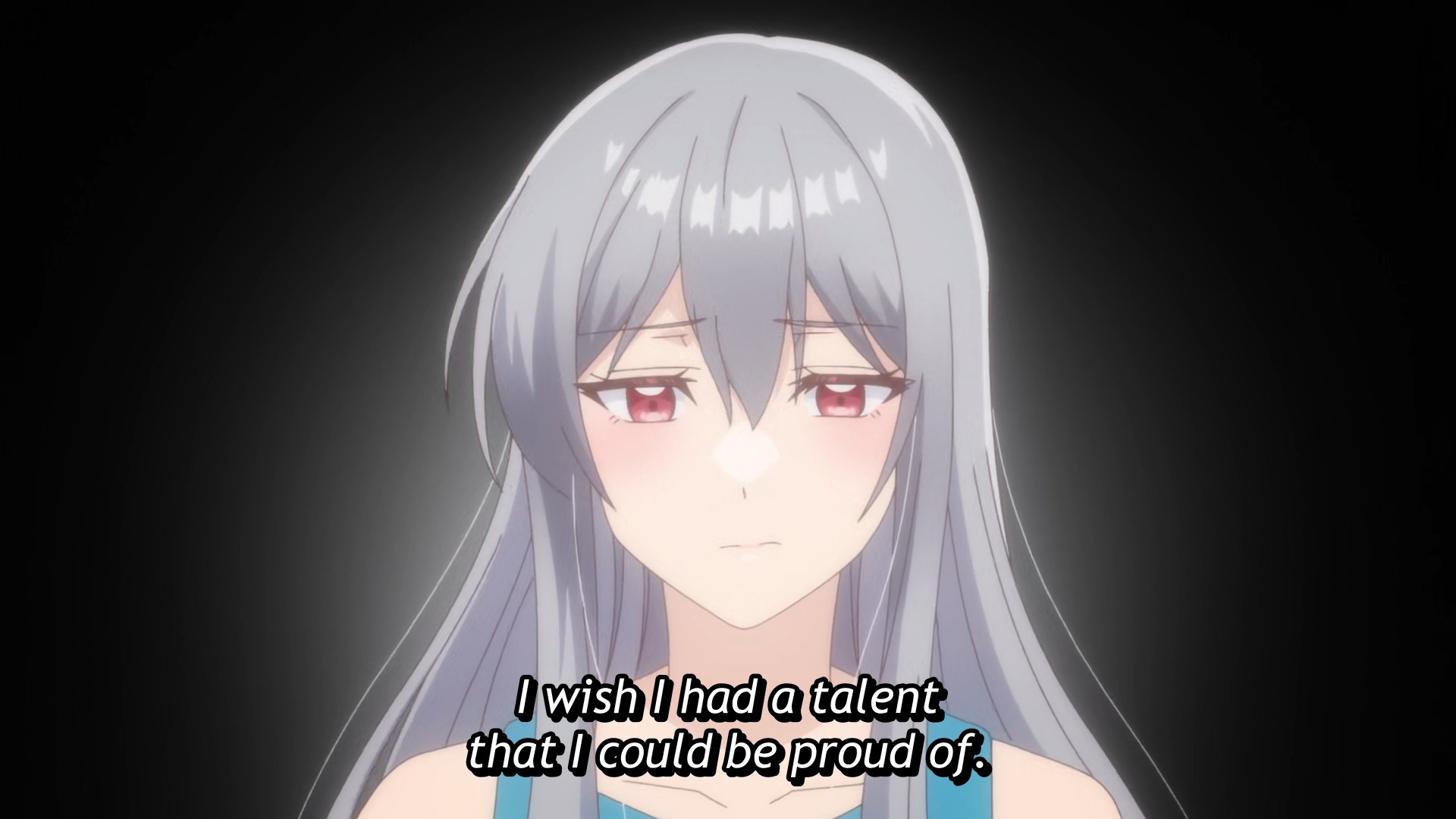 Grey haired, listless looking anime girl looks into the camera wishing she had one thing to be good at